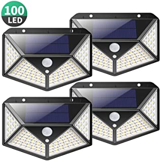 Kilponen Luz Solar Exterior 100 LED [4-Paquete 2200mAh Potente] Foco Solar Exterior Gran Ángulo 270° con Sensor de Movimiento- Luces Solares Impermeable y 3 Modos- Lámpara Solar para Jardín-Garaje